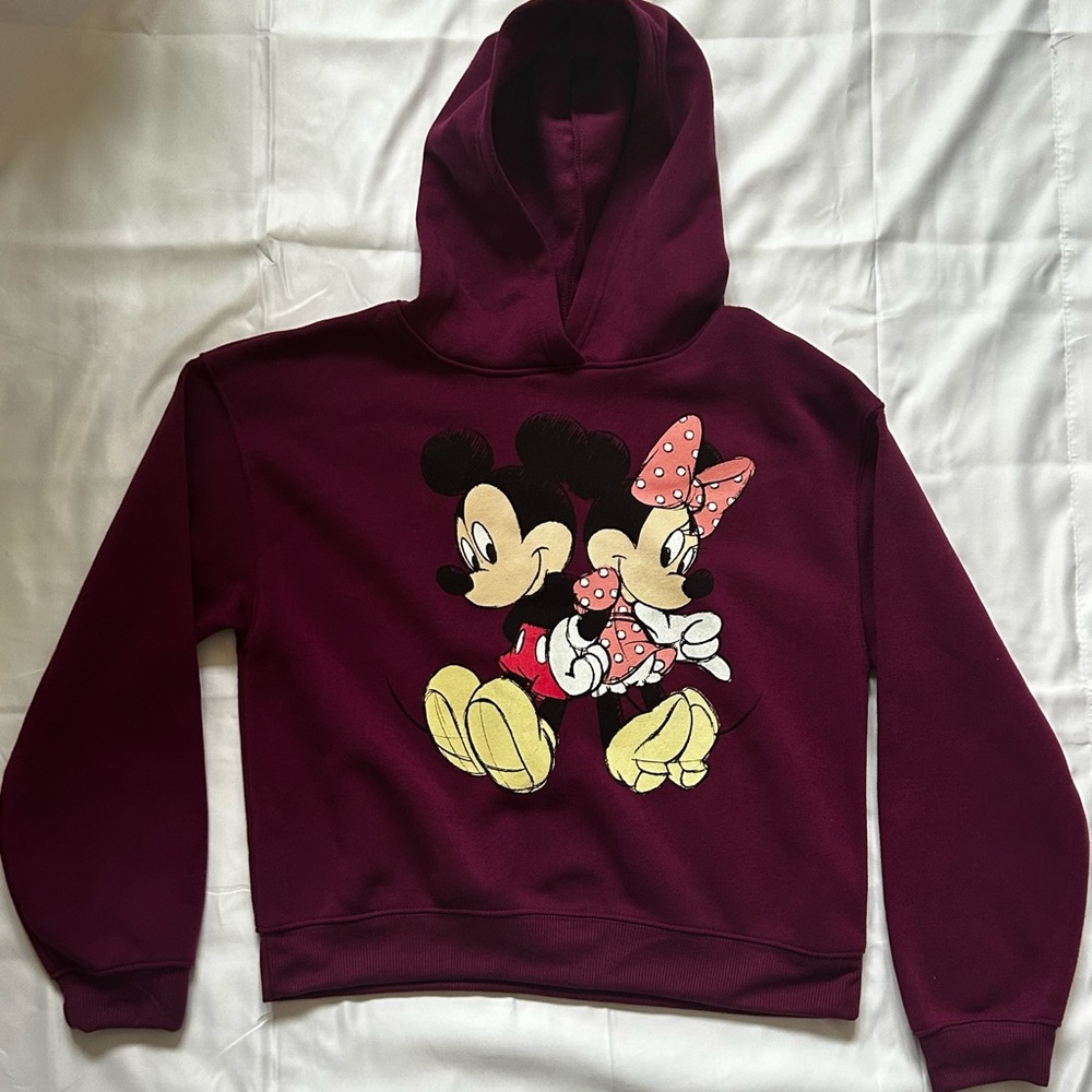 Disney Burgundy Hoodie with Mickey and Minnie Design